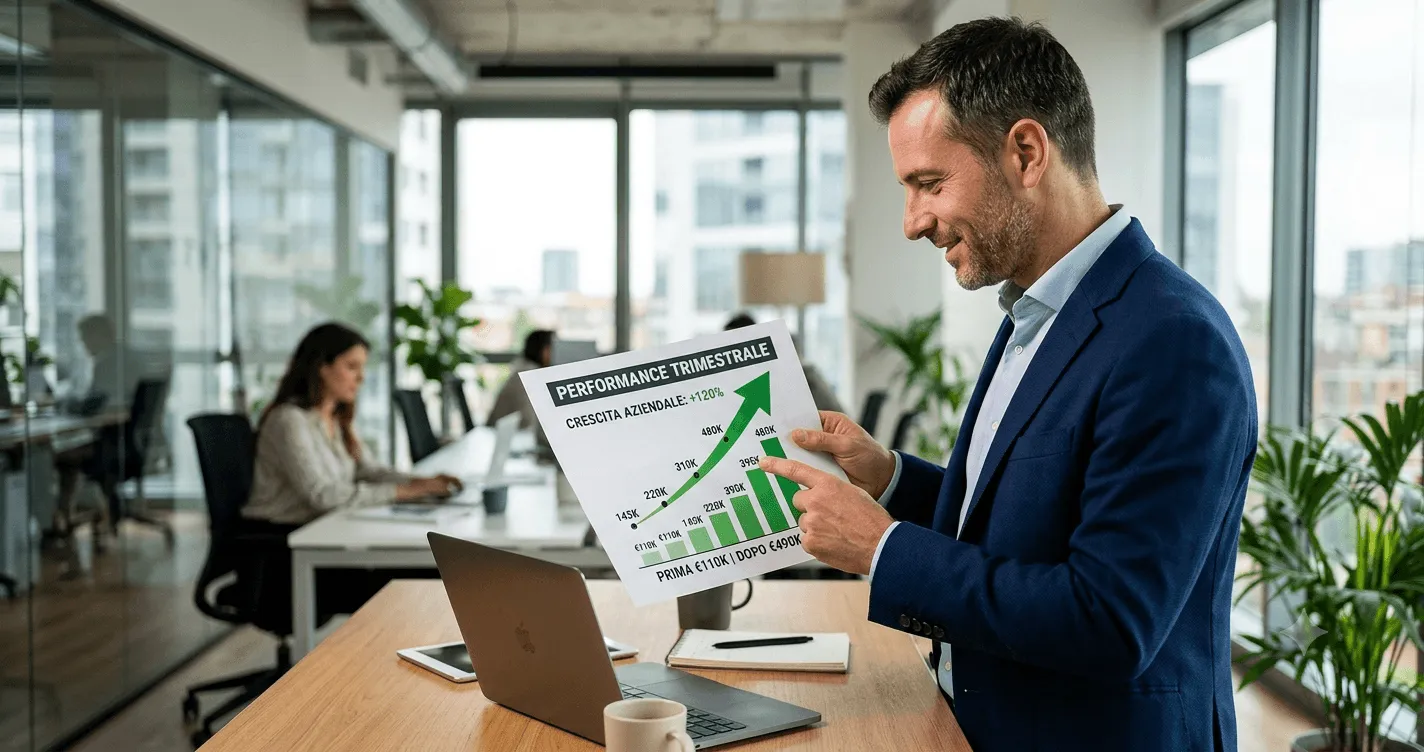 Imprenditore sorridente in ufficio indica un grafico di performance trimestrale in crescita