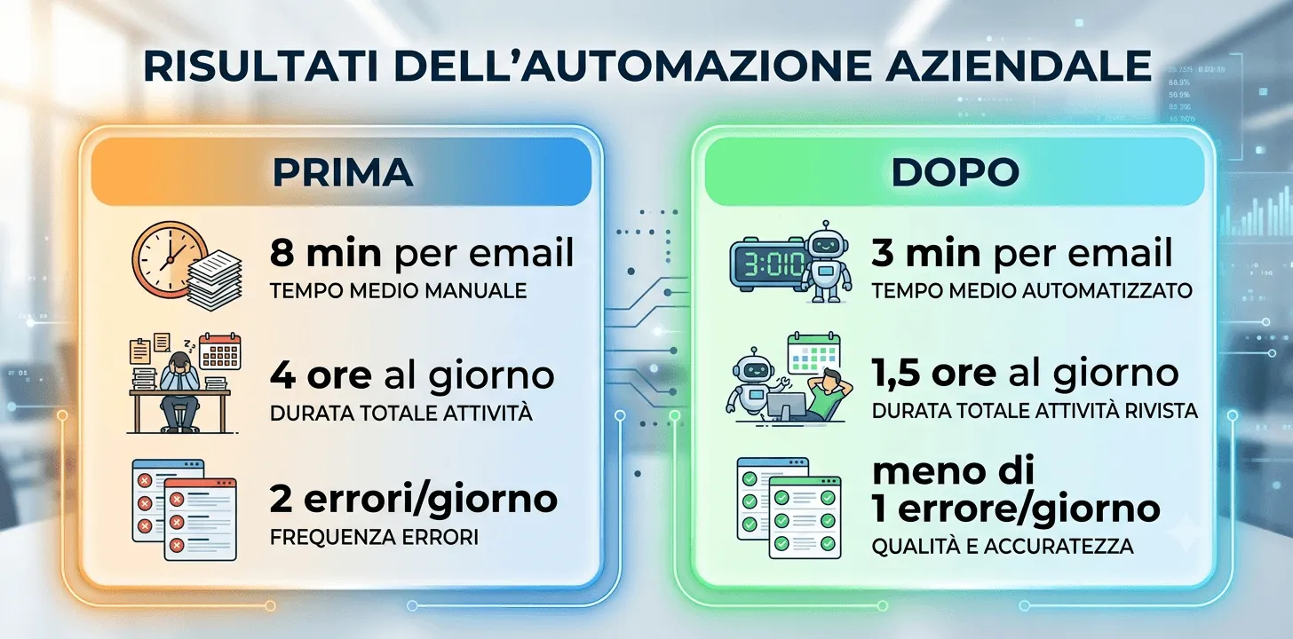 Confronto prima e dopo l’automazione: 8 minuti per email contro 3, 4 ore al giorno contro 1,5, 2 errori al giorno contro meno di 1