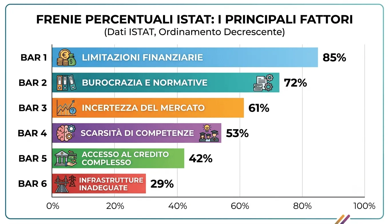 Grafico a barre dei principali freni all’adozione dell’AI: limitazioni finanziarie, burocrazia, incertezza del mercato, scarsità di competenze, accesso al credito, infrastrutture