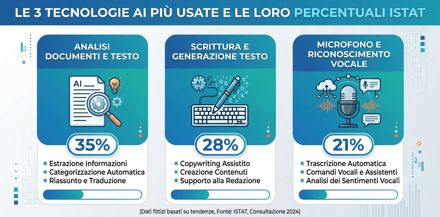 Le tre tecnologie AI più usate dalle PMI: analisi di documenti e testo, scrittura e generazione di testo, microfono e riconoscimento vocale