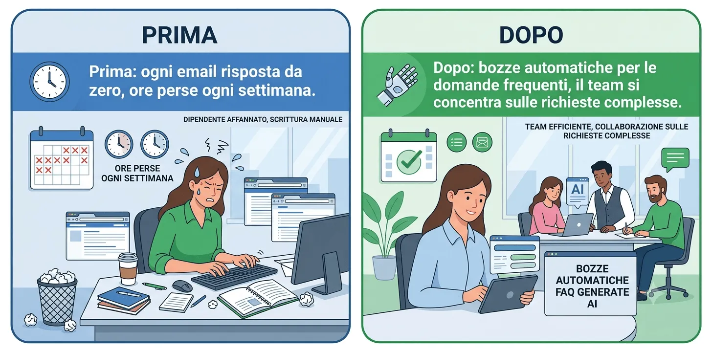 Confronto prima e dopo: risposte alle email scritte da zero a mano contro bozze automatiche per le domande frequenti