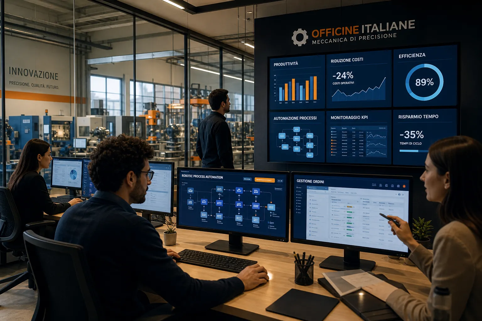 Team di Officine Italiane Meccanica di Precisione analizza dashboard con KPI: efficienza 89%, riduzione costi -24%, risparmio tempi di ciclo -35%