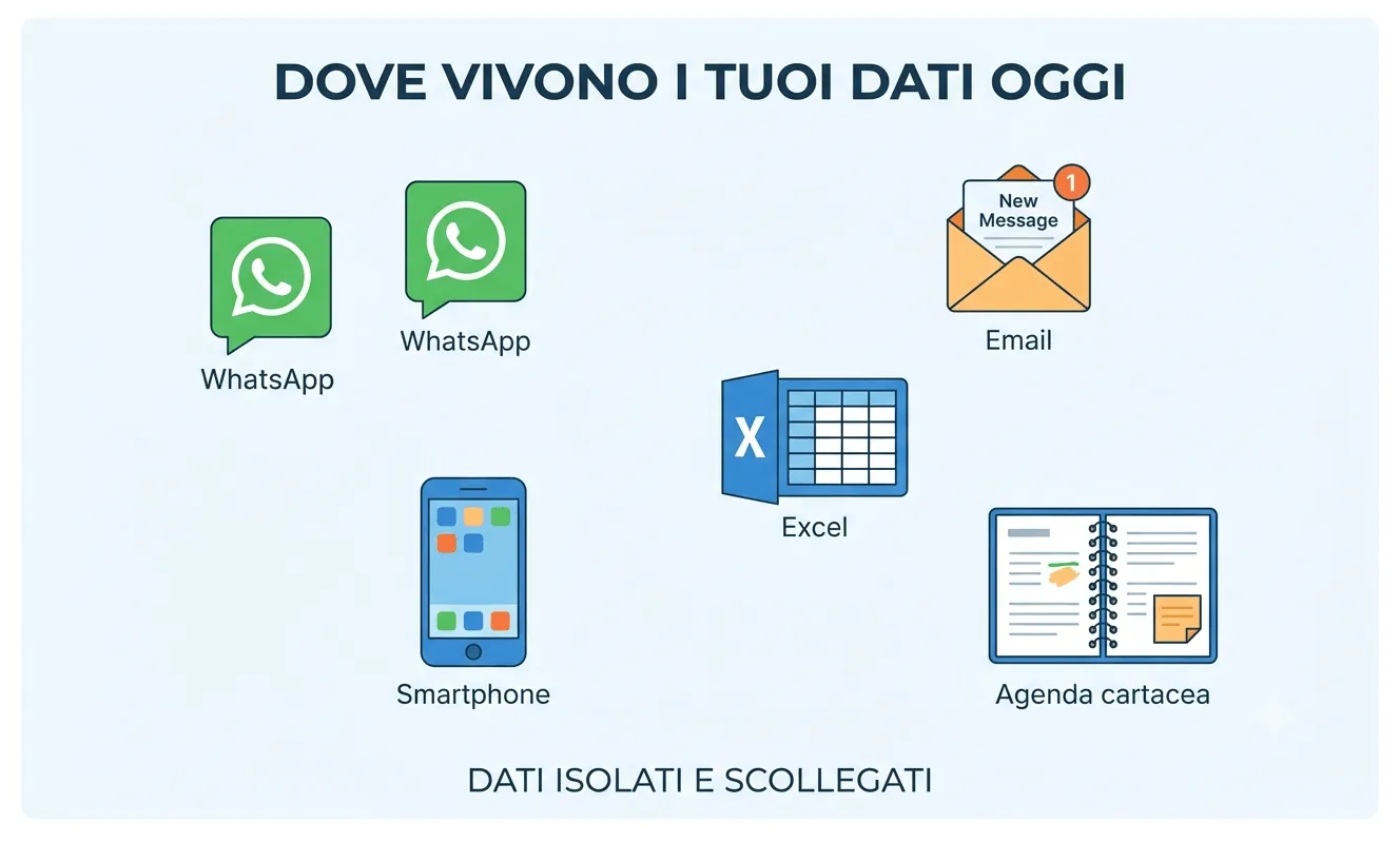 Dove vivono i dati oggi: WhatsApp, email, Excel, smartphone e agenda cartacea, tutti scollegati