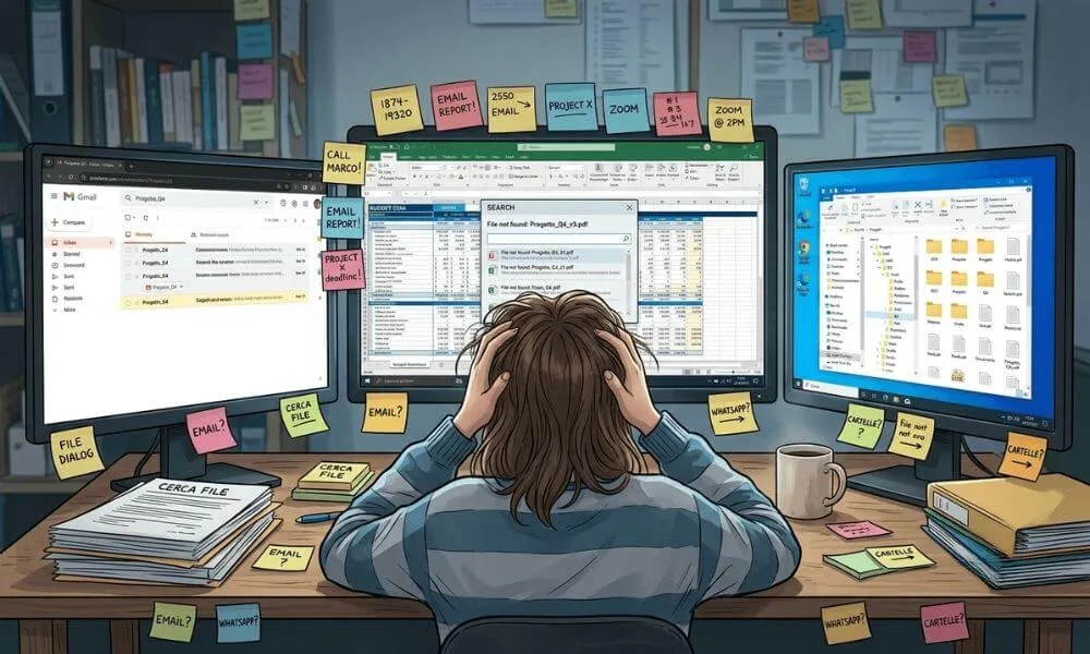 Impiegata con le mani nei capelli davanti a tre monitor, tra email, fogli Excel, cartelle e post-it