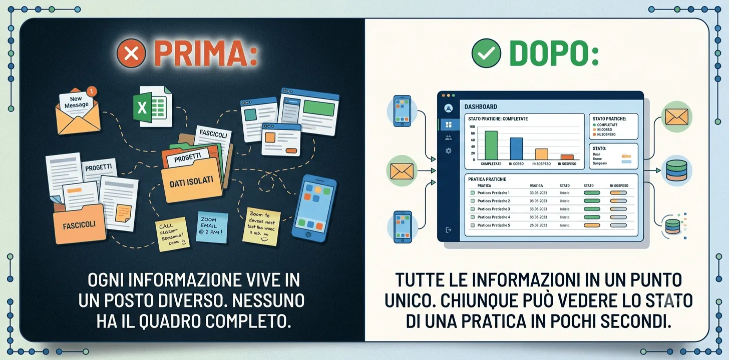 Confronto prima e dopo: informazioni sparse in posti diversi contro un unico punto con la dashboard dello stato delle pratiche