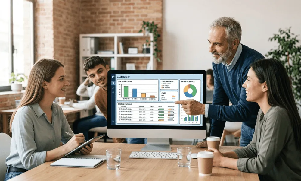 Quattro colleghi guardano una dashboard con i dati centralizzati sul monitor