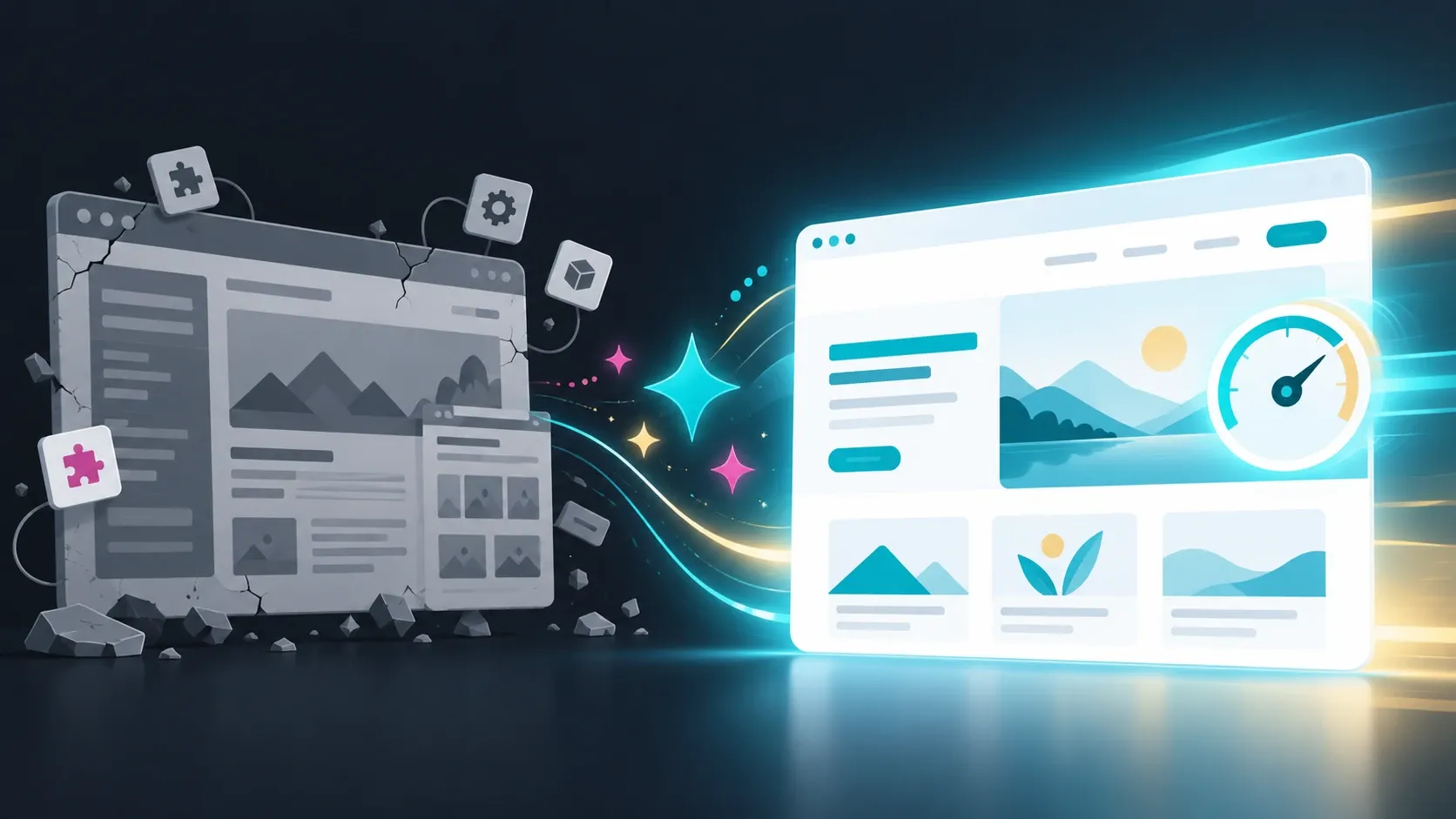 Un vecchio sito web screpolato a sinistra si trasforma in un sito moderno, luminoso e veloce a destra