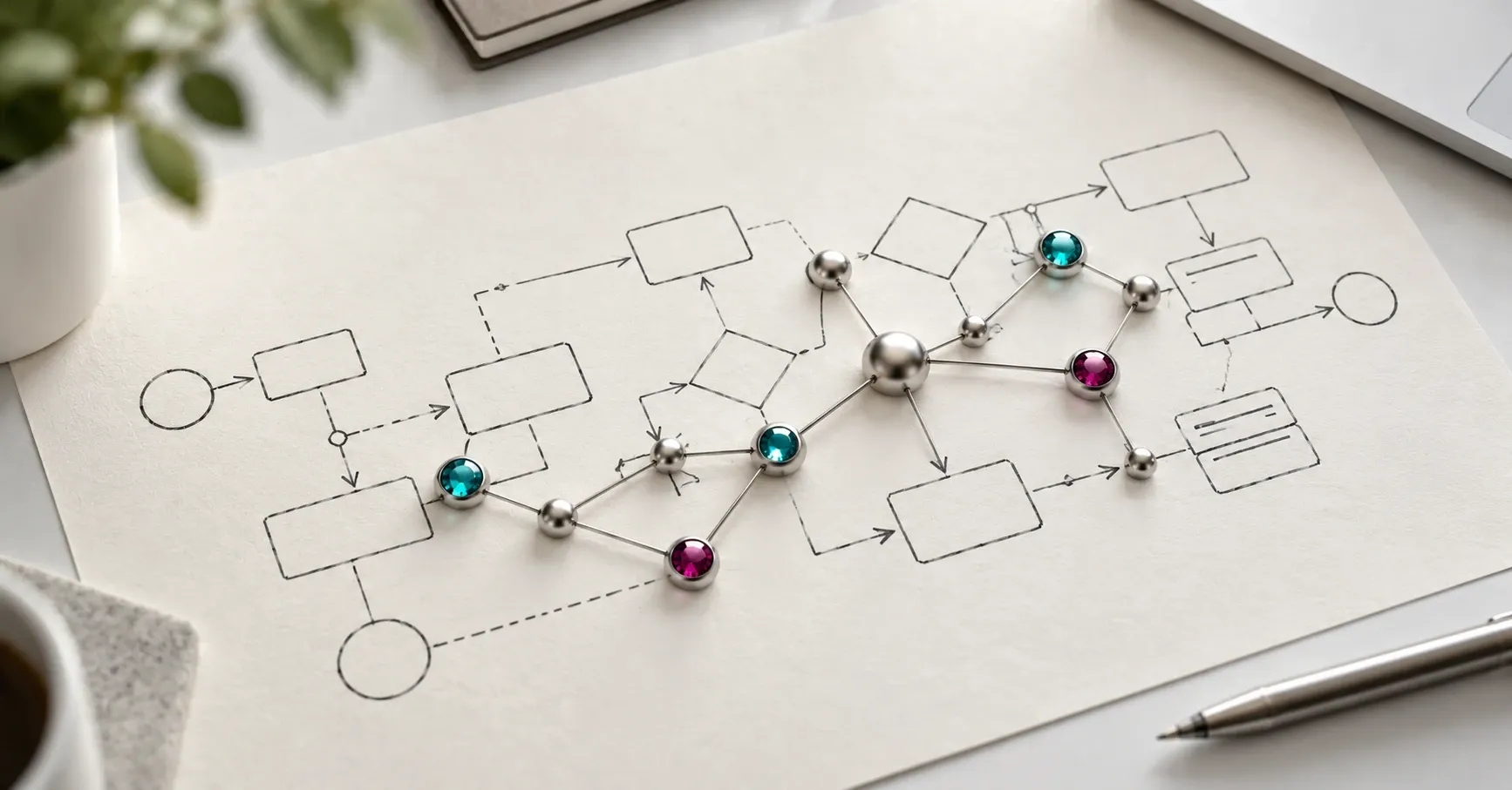 Schema di un processo disegnato a mano su un foglio, con nodi digitali colorati che collegano i vari passaggi